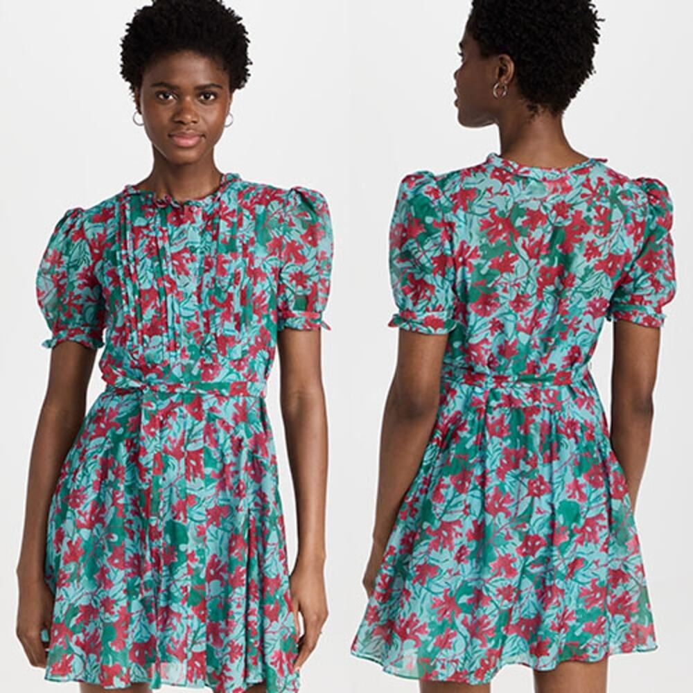 NWT Saloni Penny Floral-Print Shirt Ruffle Puff Sleeve Blue Mini Dress Size: 4